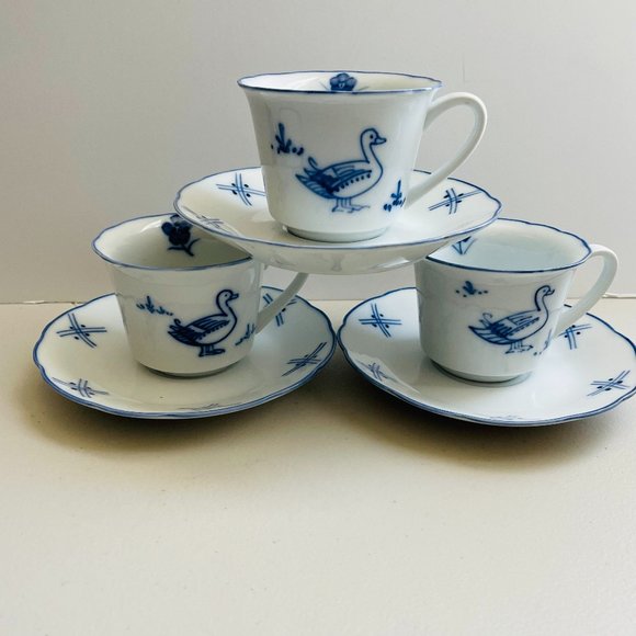Vintage Cordon Blue Porcelain Blue Goose Demitasse Cup Saucer Set of 3 - Picture 1 of 9